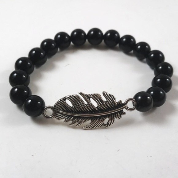Genuine onyx gemstone silver leaf bracelet - Picture 8 of 9